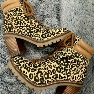 Sam Edelman Tan and Black Leopard Lace-Up Boots
